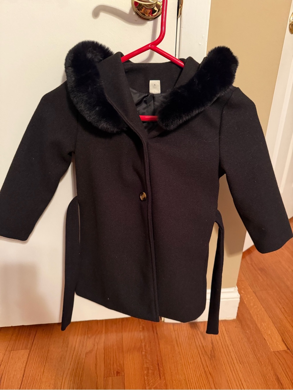 Girls' Black Wool-Blend Coat with Faux Fur Collar